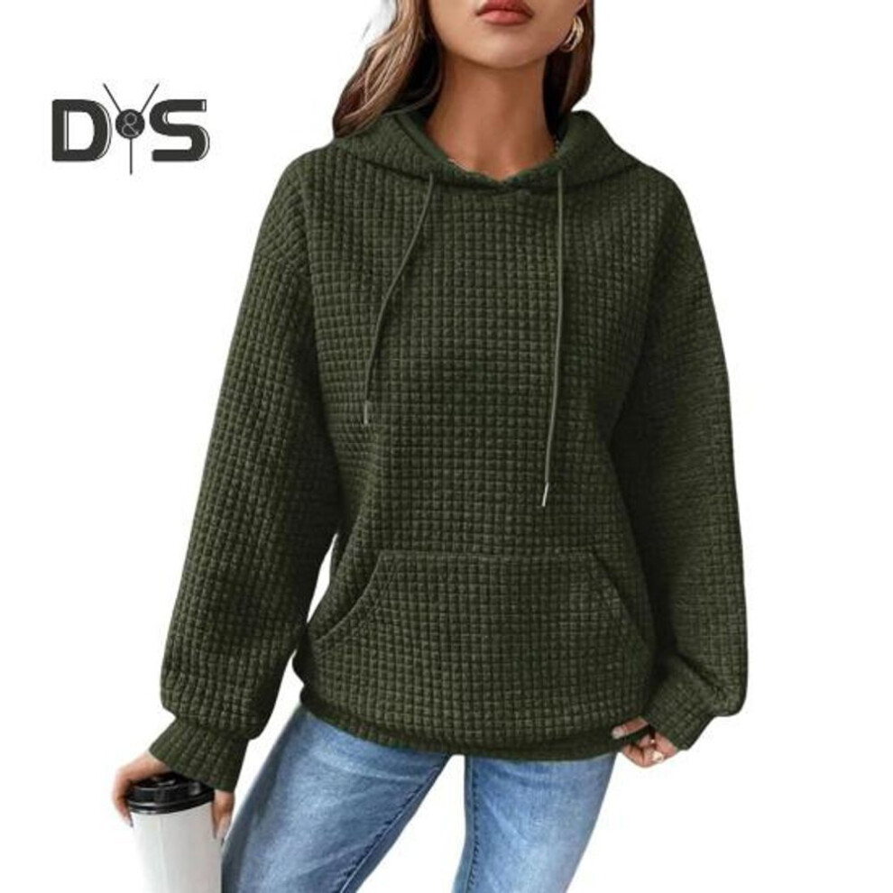 (XL, green) Women Fall Winter Hoodie Thick Waffle Texture Hooded Long Sleeves with Big Pocket Solid Color Loose Elastic Cuffs Drawstring Sport Top