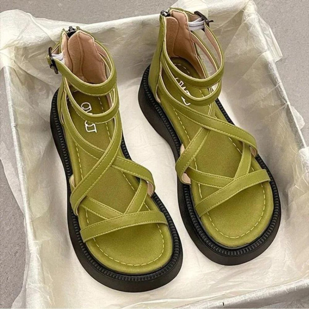 (green, 38) Thick Heel Women Sandals Women's Hollow Open Toe Shoes Fashion Casual Sandals Female Designer Flat Roman Shoes Summer