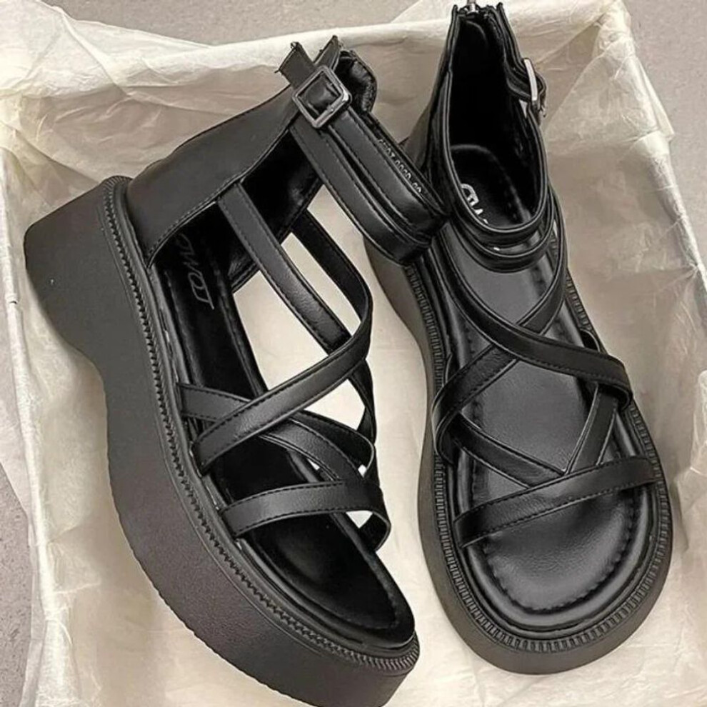 (black, 36) Thick Heel Women Sandals Women's Hollow Open Toe Shoes Fashion Casual Sandals Female Designer Flat Roman Shoes Summer
