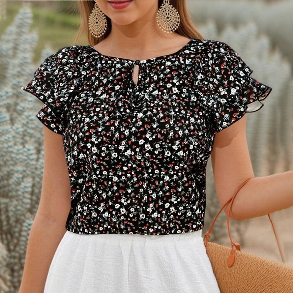 (XL, black) ZANZEA Women Summer Round Neck Ruffled Short Sleeve Floral Print Blouses