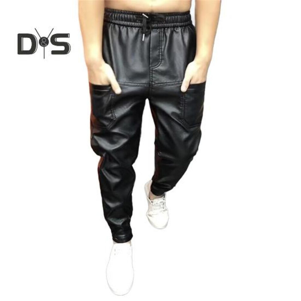 (black, L) Men Faux Leather Pants with Pockets Stretchy Waist Solid Color Plus Size Waterproof Ankle-banded Motorcycle Style Spring Fall Club Trousers