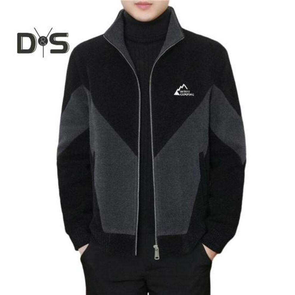 (black, 4XL) Men Full Zipper Casual Jacket Color Matching Stand Collar Long Sleeve Knitting Coat with Pockets Autumn Winter Windproof Coat
