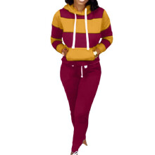 (WineRed, XL) Striped Women 2pcs Tracksuit Jogging Gym Sports Hoodies Pants Sweatshirt Suit