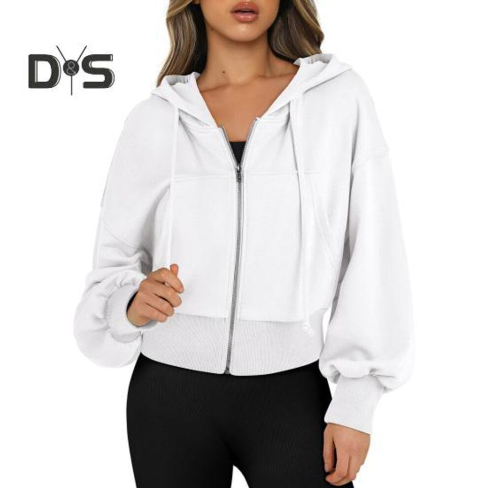 (XXL, white) Women Fall Winter Hoodie Short Type Hooded Long Sleeves with Pocket Zipper Closure Plush Lined Solid Color Loose Elastic Cuffs Drawstring Sport Coat