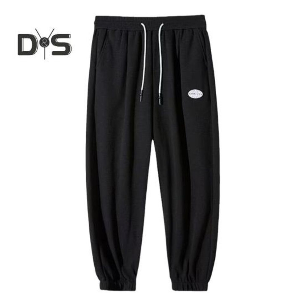 (black, 5XL) Men Spring Fall Pants with Side Pockets Drawstring Elastic Waist Plus Size Ankle-banded Thin Slacks Solid Color Loose Street Style Sport Trousers