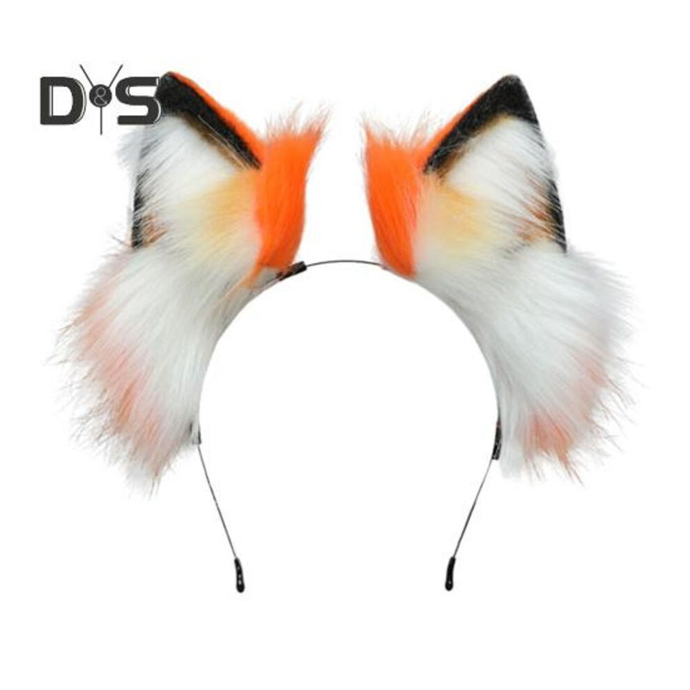 (orange) Faux Animal Ears Plush Headband Cosplay Party Halloween Handmade Plush Fabric Hair Hoop Elastic Frame Faux Fox Ears Headband