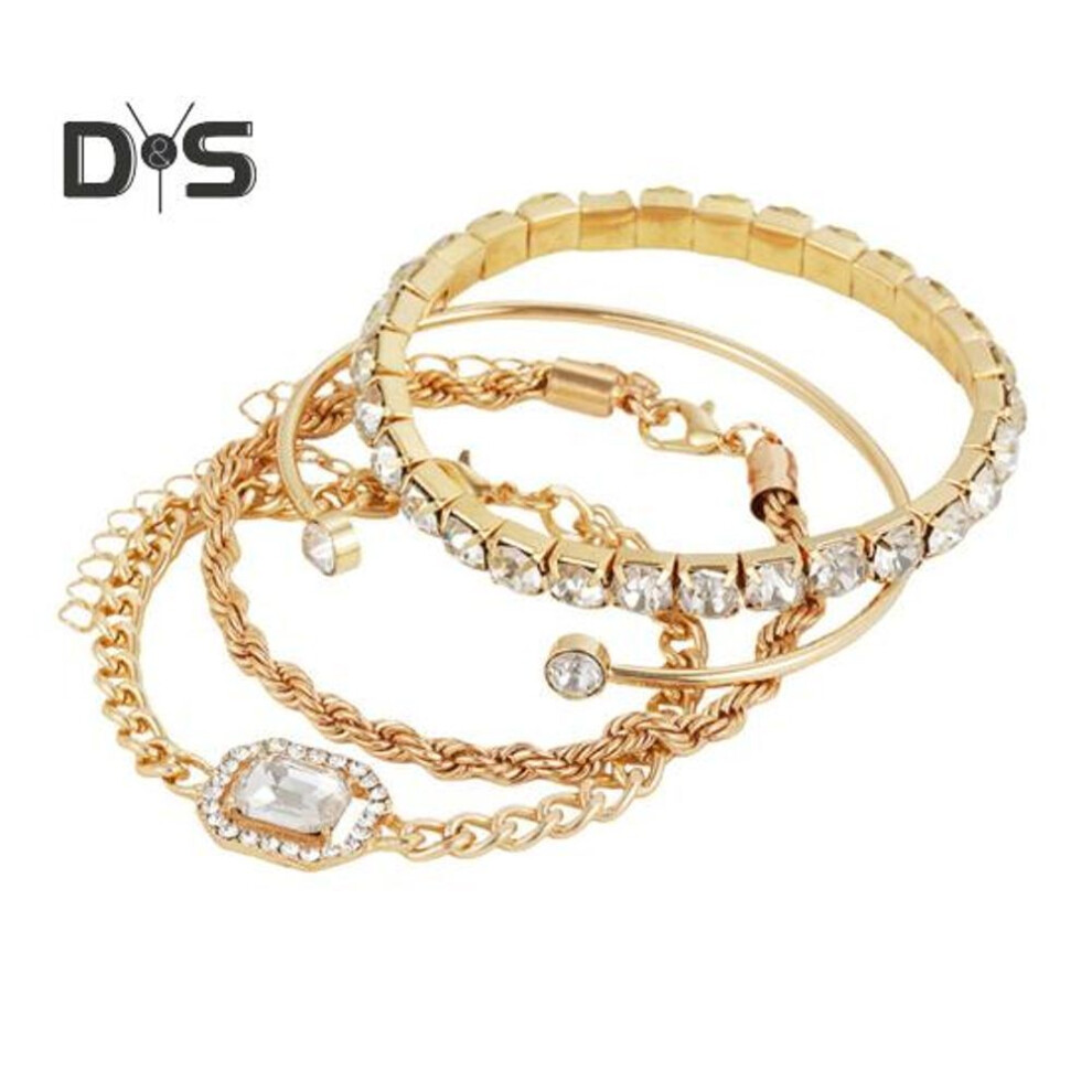 (golden) 4 Pcs Rhinestone Bracelets For Women Multiple Layered Stackable Bracelet Open Cuff Wrap Bangle Adjustable Link Cuban Punk Jewelry For Women Girls Gift
