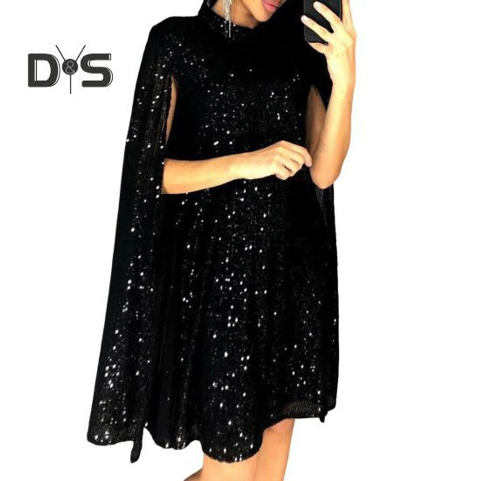 (black, L) Lady Sequin Dress Stand Collar Sleeveless Slit Design Shimmering Cocktail Party Dress Women Formal Occasion Mini Dress Celebrity Evening Dress