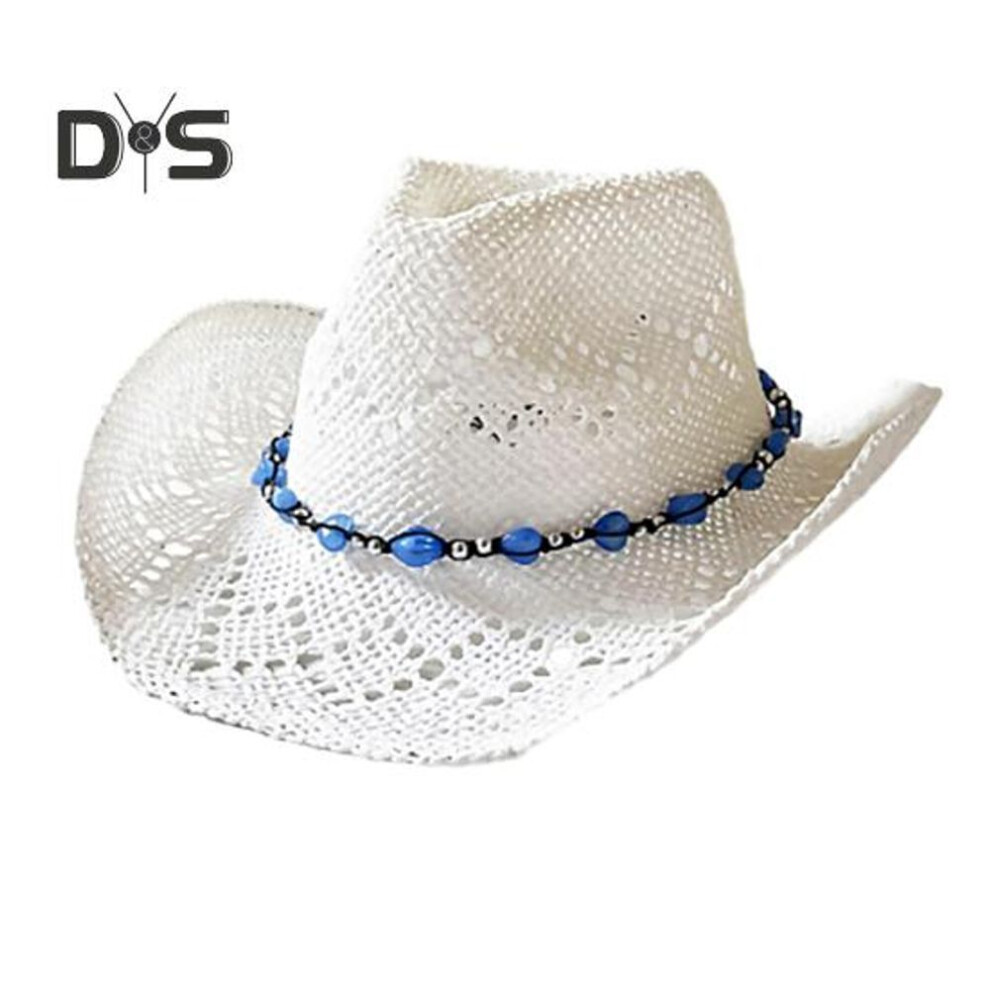 (white) Summer Straw Hat Hollow Out Foldable Adjustable Bead Decor Curled Edge Windproof Strap Western Cowboy Style Solid Color Outdoor Cap