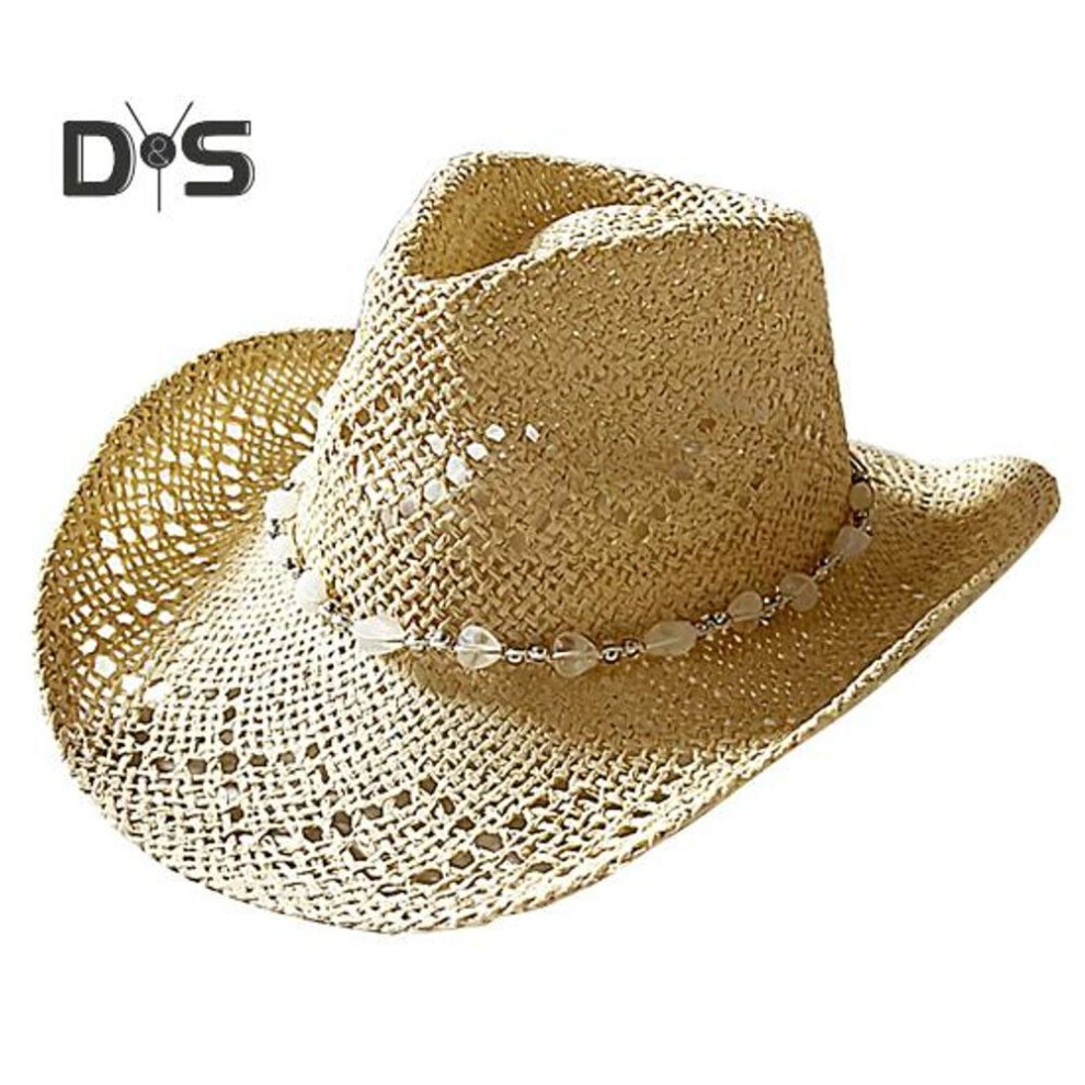 (beige) Summer Straw Hat Hollow Out Foldable Adjustable Bead Decor Curled Edge Windproof Strap Western Cowboy Style Solid Color Outdoor Cap