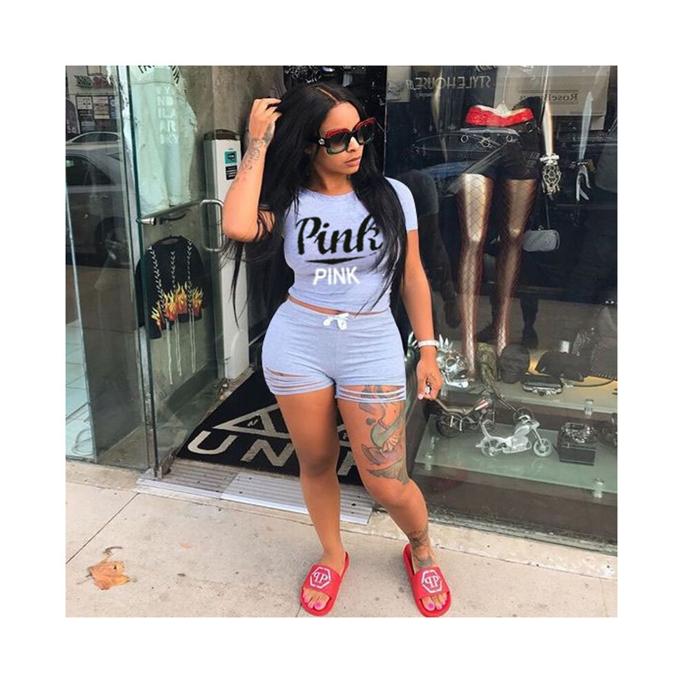 (Gray, Tag M=US XS) Letter Print Women Baseball Sportswear Jumpsuit Romperstassels 2pcs Short Pants-image-OPC-PH6FMQN-NEW