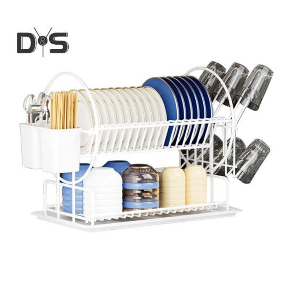 (white) Stainless Steel Dish Drying Rack 2 Tier Kitchen Storage Rack With Rust-resistant Coating Large Utensil Holder Drainage System Dishes Cups Storage