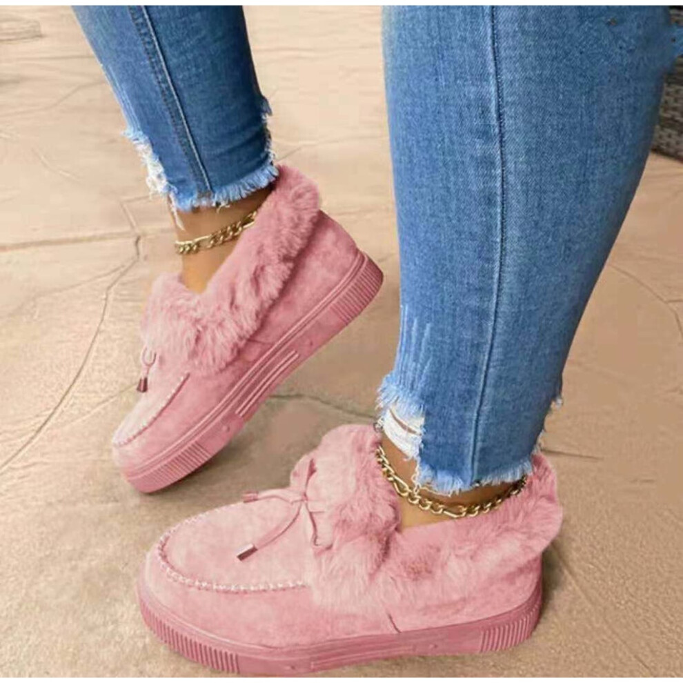 (Pink, 42=Foot Length26cm) Soled Thick Winter Warm Thickened Round Head Plush Snow Slippers Shoes Women