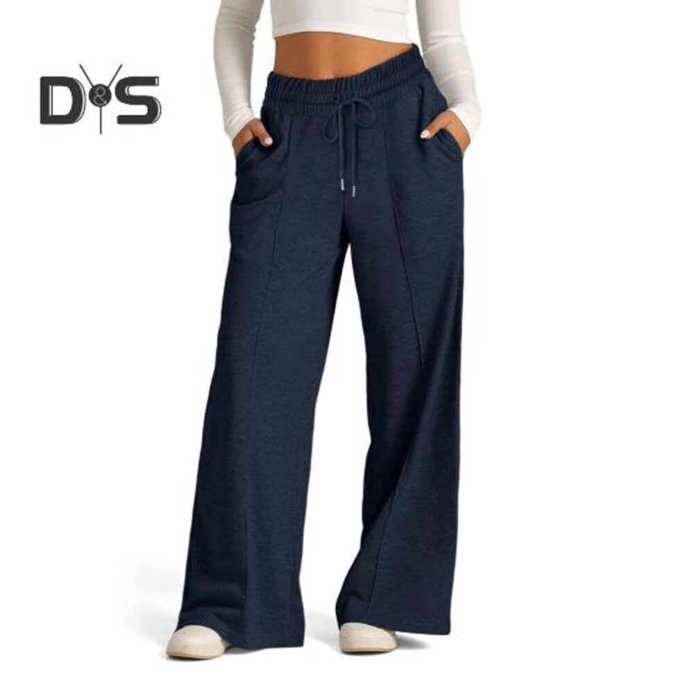 (navy blue, XL) Women Sweatpants Elastic Mid-rise Adjustable Drawstring Straight Wide Leg Jogger Athletic Pants With Pockets Loose Fit Yoga Trousers