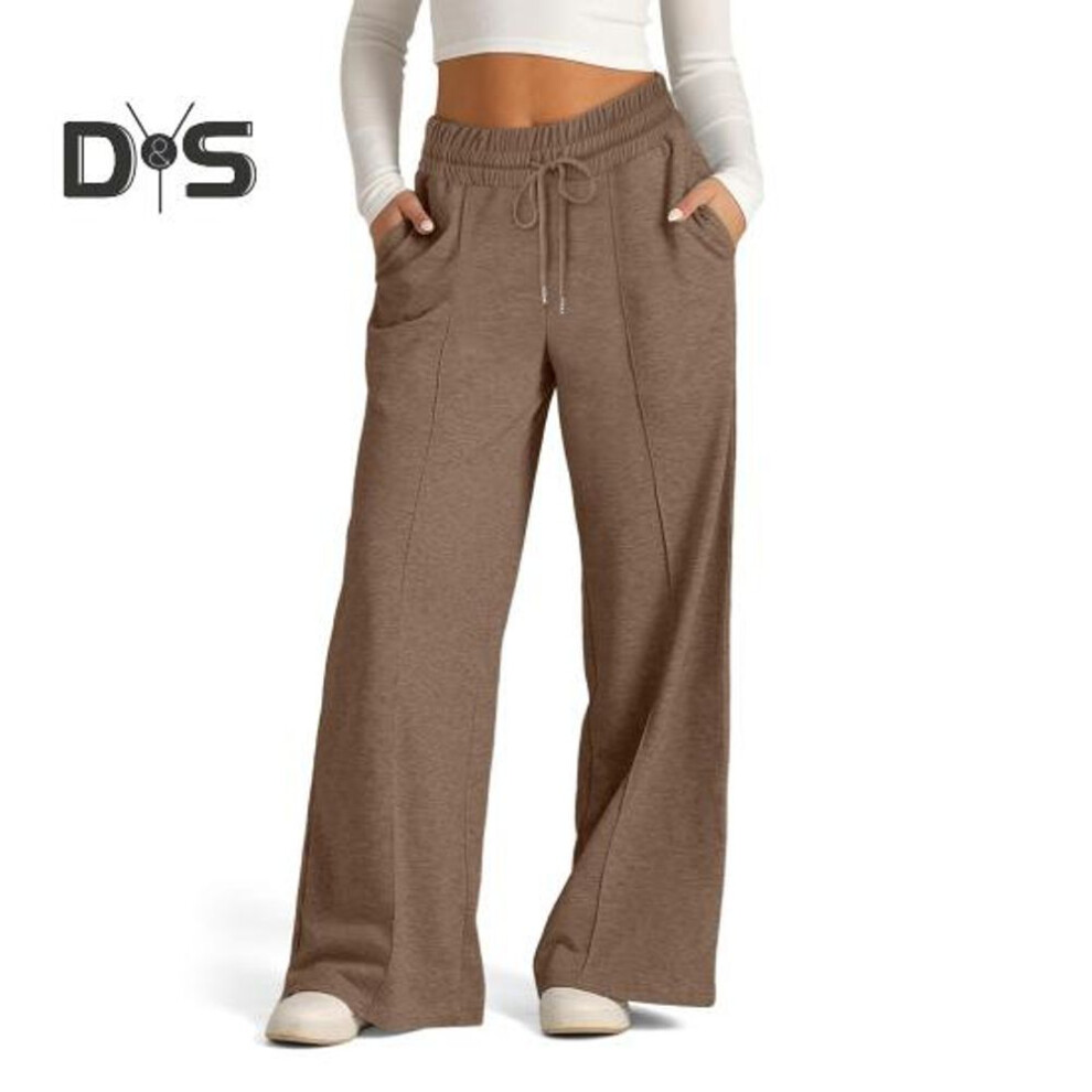 (brown, M) Women Sweatpants Elastic Mid-rise Adjustable Drawstring Straight Wide Leg Jogger Athletic Pants With Pockets Loose Fit Yoga Trousers