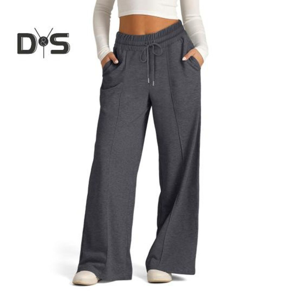 (dark gray, L) Women Sweatpants Elastic Mid-rise Adjustable Drawstring Straight Wide Leg Jogger Athletic Pants With Pockets Loose Fit Yoga Trousers