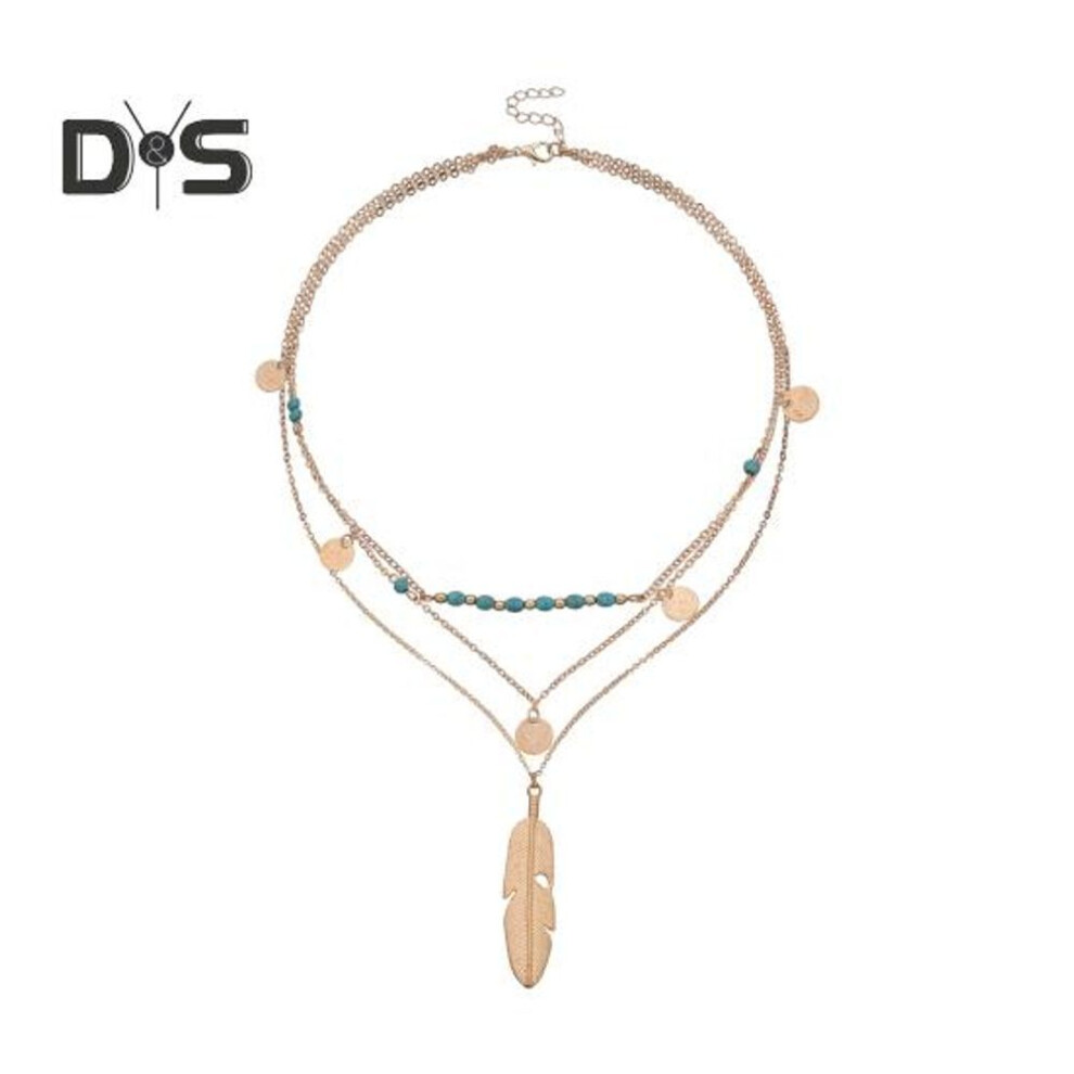 (golden) Layered Long Necklace For Women Turquoise Stone Sequin Necklace Feather Beaded Strand Sweater Chain Necklaces Fashion Costume Jewelry Gifts