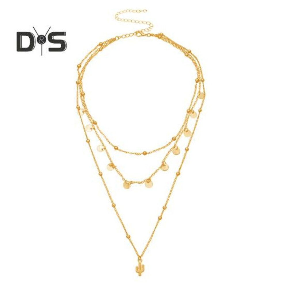 (golden) Long Chain Multi-Layer Dainty Necklace Fashion Ball Beads Cactus Pendant Necklace Jewelry for Women Girls