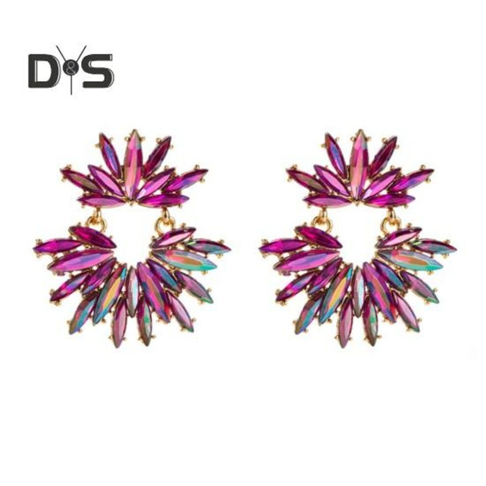 (pink) 1 Pair Women Dangle Earrings Rhinestone Ring Shape Bohemian Style Stainless Alloy Ear Decoration Jewelry Party Prom Bride Hanging Earrings