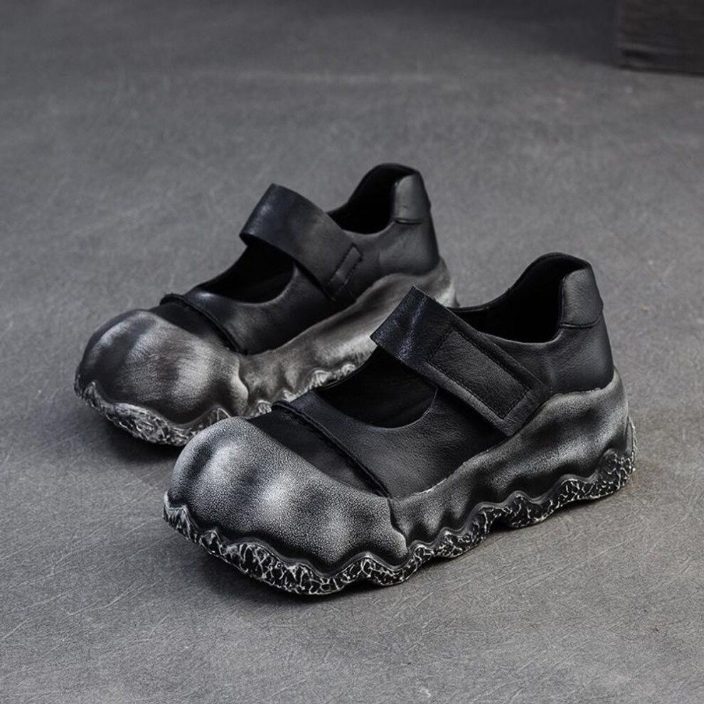 (black, 37) Johnature Retro Round Toe Thick Soled Shoes Genuine Leather Soft Soled Women's Flat Shoes