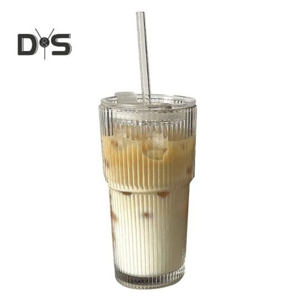 (as the picture, 600ML 1 Set) Stripe Glass Tumbler With Lid & Straw 600ml Reusable Glass Coffee Cup For Iced Juice Milk Tea Iced Coffee Dishwasher Safe Transparent Drinking Gla