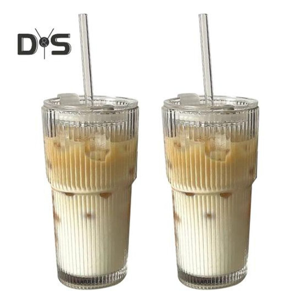 (as the picture, 600ML 2 Sets) Stripe Glass Tumbler With Lid & Straw 600ml Reusable Glass Coffee Cup For Iced Juice Milk Tea Iced Coffee Dishwasher Safe Transparent Drinking Gla
