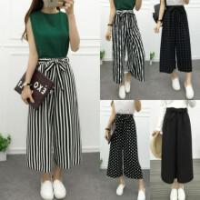 Women Wide Korean Leg High Waist Loose Baggy Casual Striped Trousers Pants Crop
