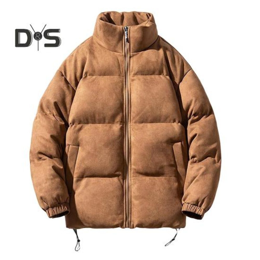 (coffee, M) Cotton Coat with Zipper Placket Stand-Up Collar Suede Surface Layer Drawstring Hem Winter Outerwear Windproof Thermal Insulation Coat