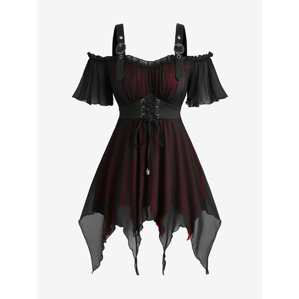 (XL, black) Rosegal  Plus Size Ruffles Grommets Lace Up Mesh Asymmetrical Buckle Cold Shoulder Blouse
