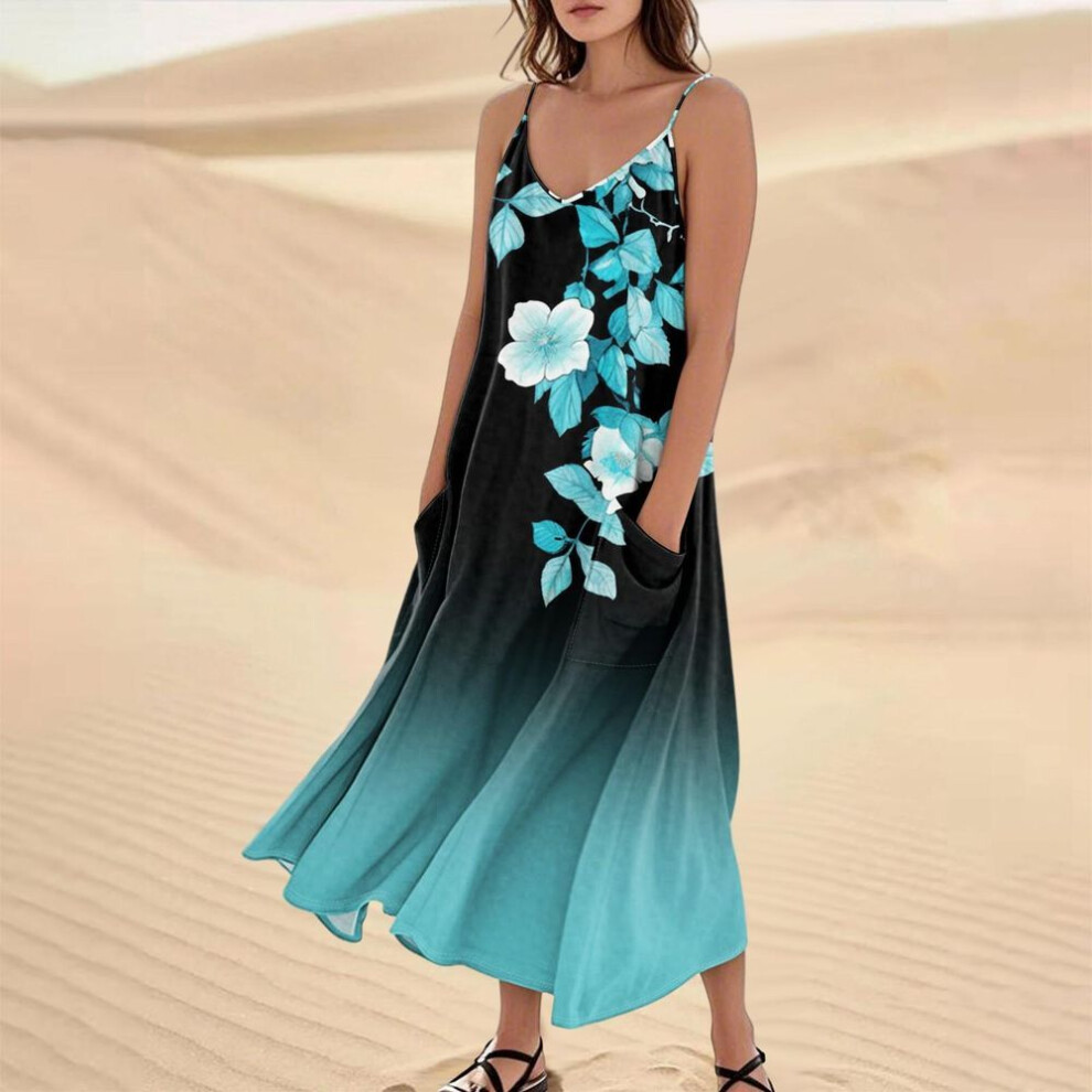 (cyan, L) Women's Summer Dress Casual Loose Long Beach Vacation Dresses