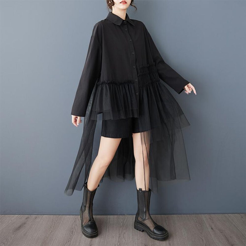 (One Size, black) DIMANAF New 2025 Plus Size Spring Blouse Casual Long Shirts Asymmetrical Lace Women Loose Tops Tees Solid
