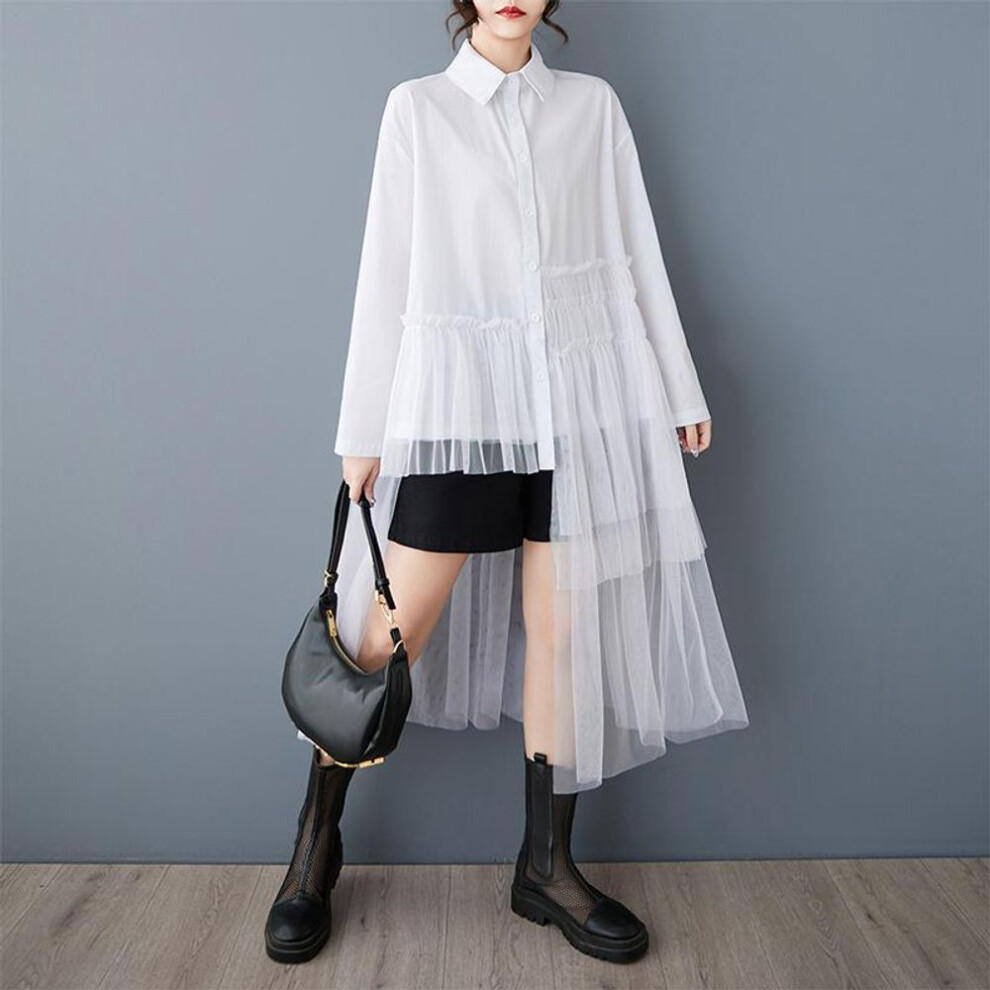 (One Size, white) DIMANAF New 2025 Plus Size Spring Blouse Casual Long Shirts Asymmetrical Lace Women Loose Tops Tees Solid