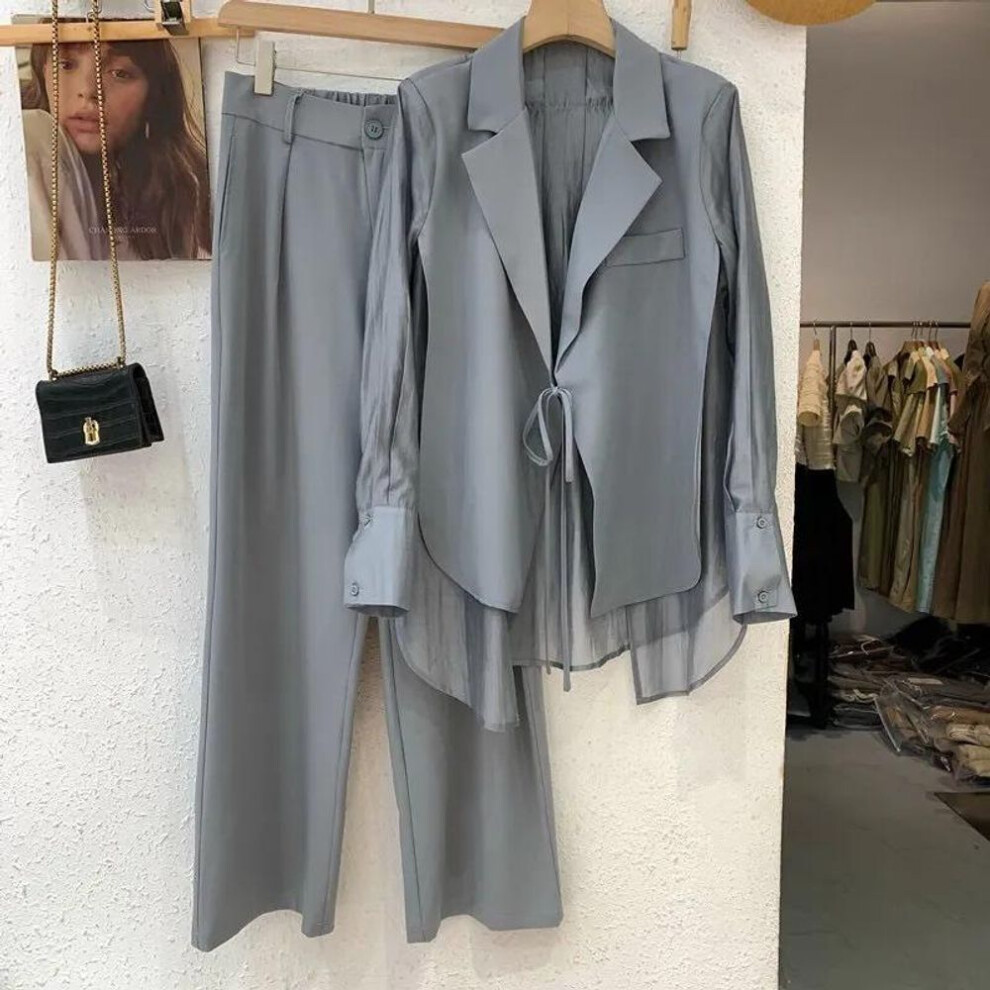 (grey, XL) Summer Hollow Sun Protection Chiffon Shirt Blazer Wide Leg Pants Two Piece Set Elegant Women's Pants Set Office Outfits