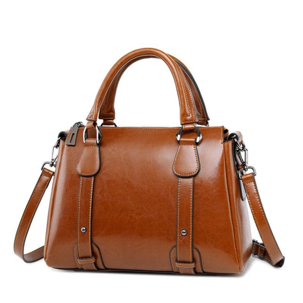 (brown) Genuine Leather Women Shoulder Cross Body Handbag Top Handle Bag Casual Designer Female Oil Wax Cowhide Messenger Tote Bag