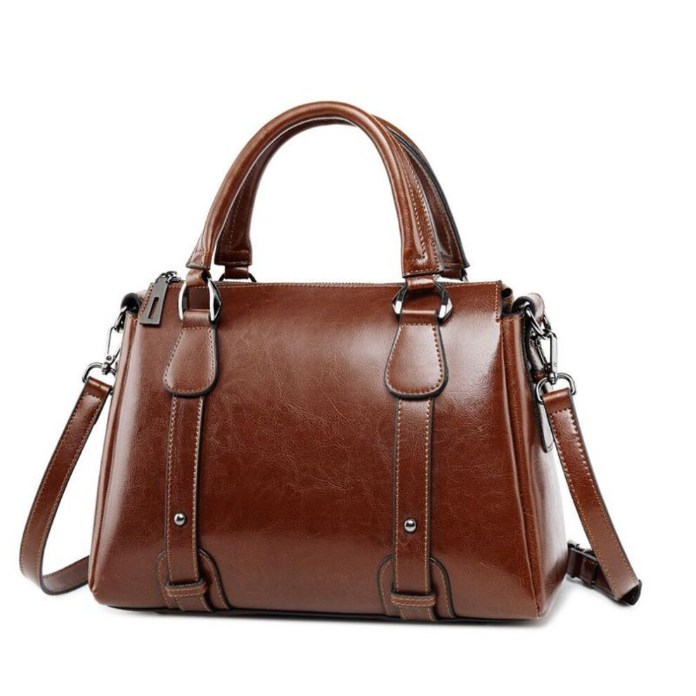 (coffee) Genuine Leather Women Shoulder Cross Body Handbag Top Handle Bag Casual Designer Female Oil Wax Cowhide Messenger Tote Bag