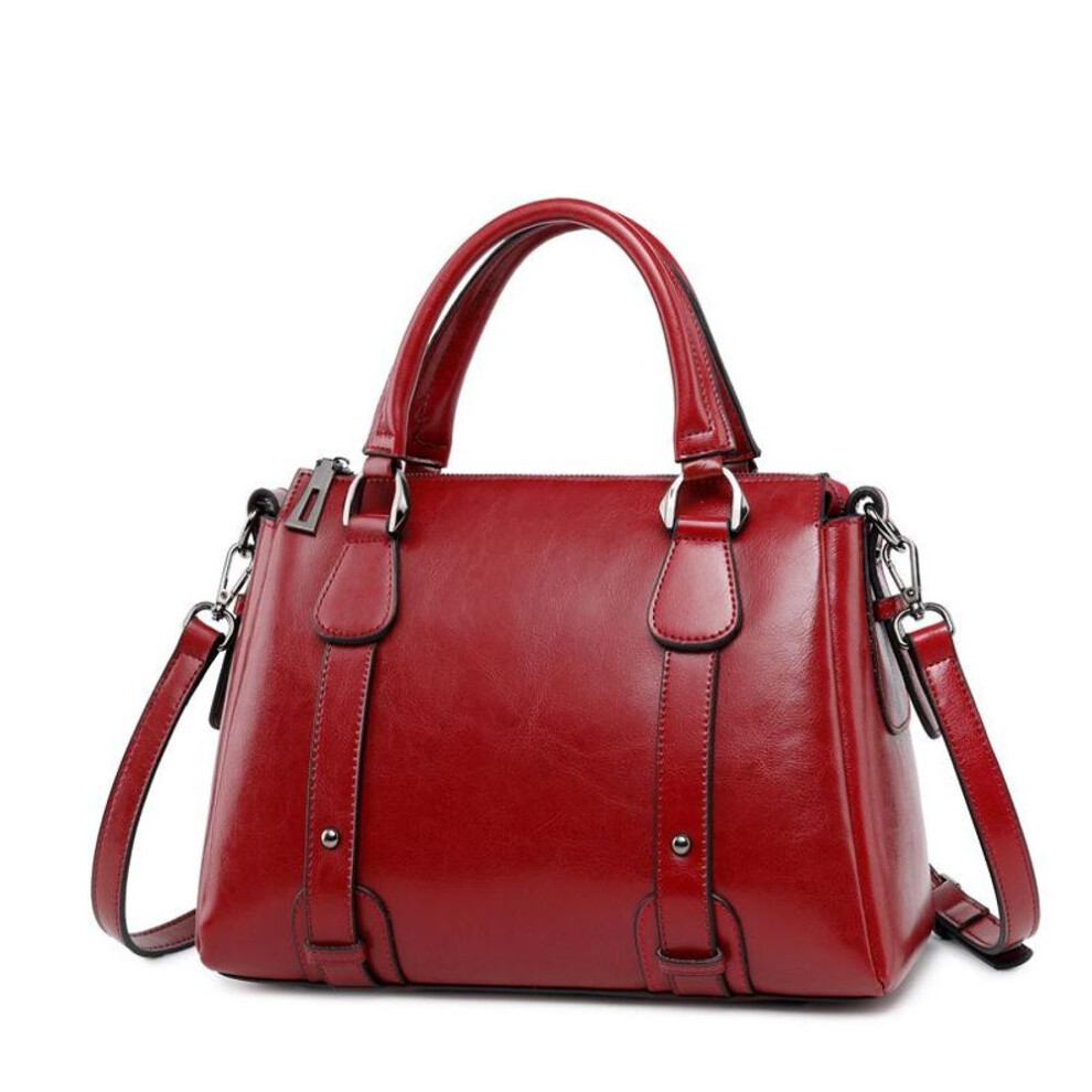 (red) Genuine Leather Women Shoulder Cross Body Handbag Top Handle Bag Casual Designer Female Oil Wax Cowhide Messenger Tote Bag