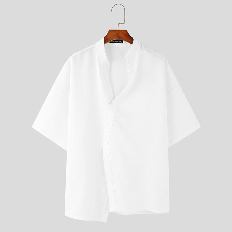 (white, S) Incerun Men Summer V Neck Short Sleeve Front Cross Casual Semi-sheer Tops T-shirt