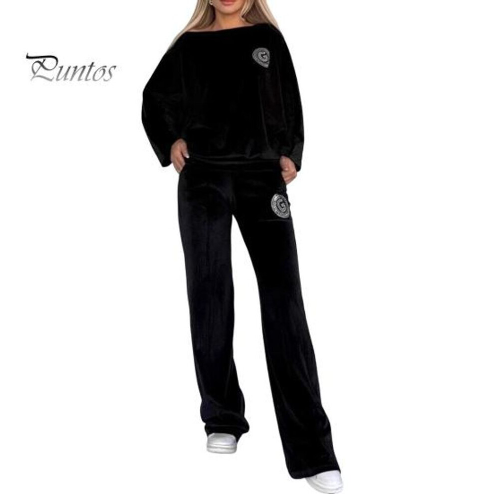 (black, M) 2 Pcs/Set Women Top Pants Suit Velvet Round Neck Bat Sleeves Blouse Wide Leg Solid Color Trousers Sport Casual Outfit Fall Spring Tracksuit