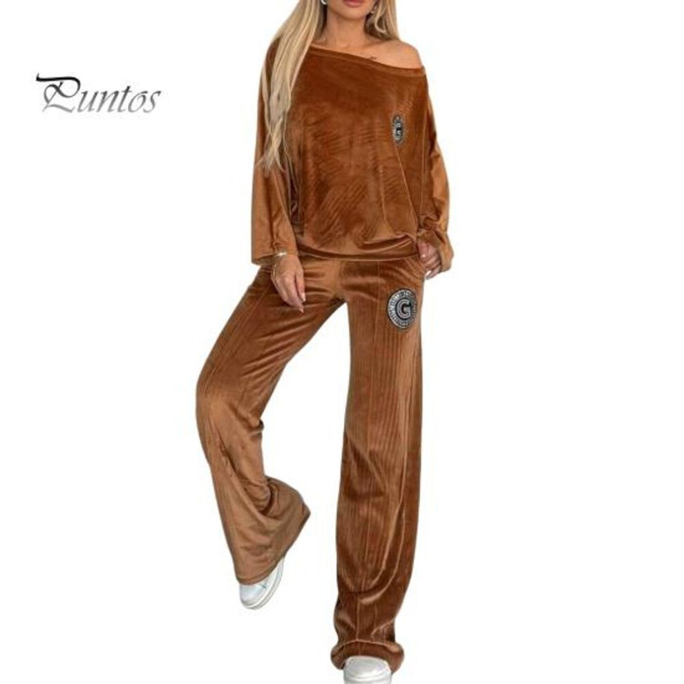 (dark brown, M) 2 Pcs/Set Women Top Pants Suit Velvet Round Neck Bat Sleeves Blouse Wide Leg Solid Color Trousers Sport Casual Outfit Fall Spring Tracksuit