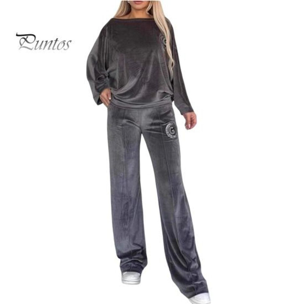 (dark gray, L) 2 Pcs/set Women Top Pants Suit Velvet Round Neck Bat Sleeves Blouse Wide Leg Solid Color Trousers Sport Casual Outfit Fall Spring Tracksuit