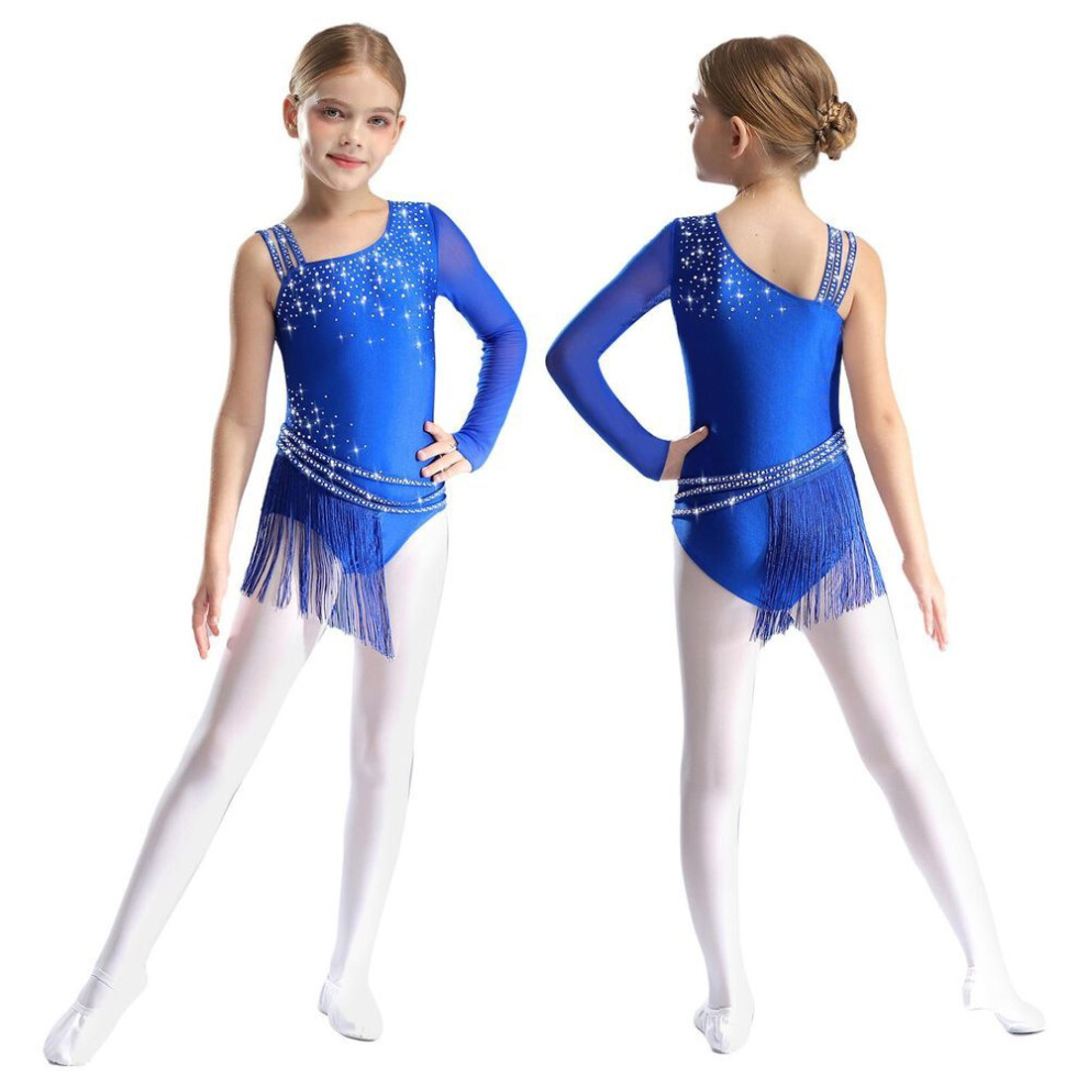 (blue, 13-14 Years) Kid Girl Asymmetric Shoulder Fringed Dance Leotard Rhinestones Figure Skating Rhythmic Gymnastic Tassel Bodysuit Dress Dancewear