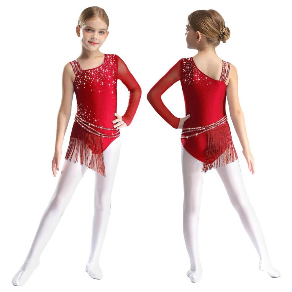 (burgundy, 9-10 Years) Kid Girl Asymmetric Shoulder Fringed Dance Leotard Rhinestones Figure Skating Rhythmic Gymnastic Tassel Bodysuit Dress Dancewear
