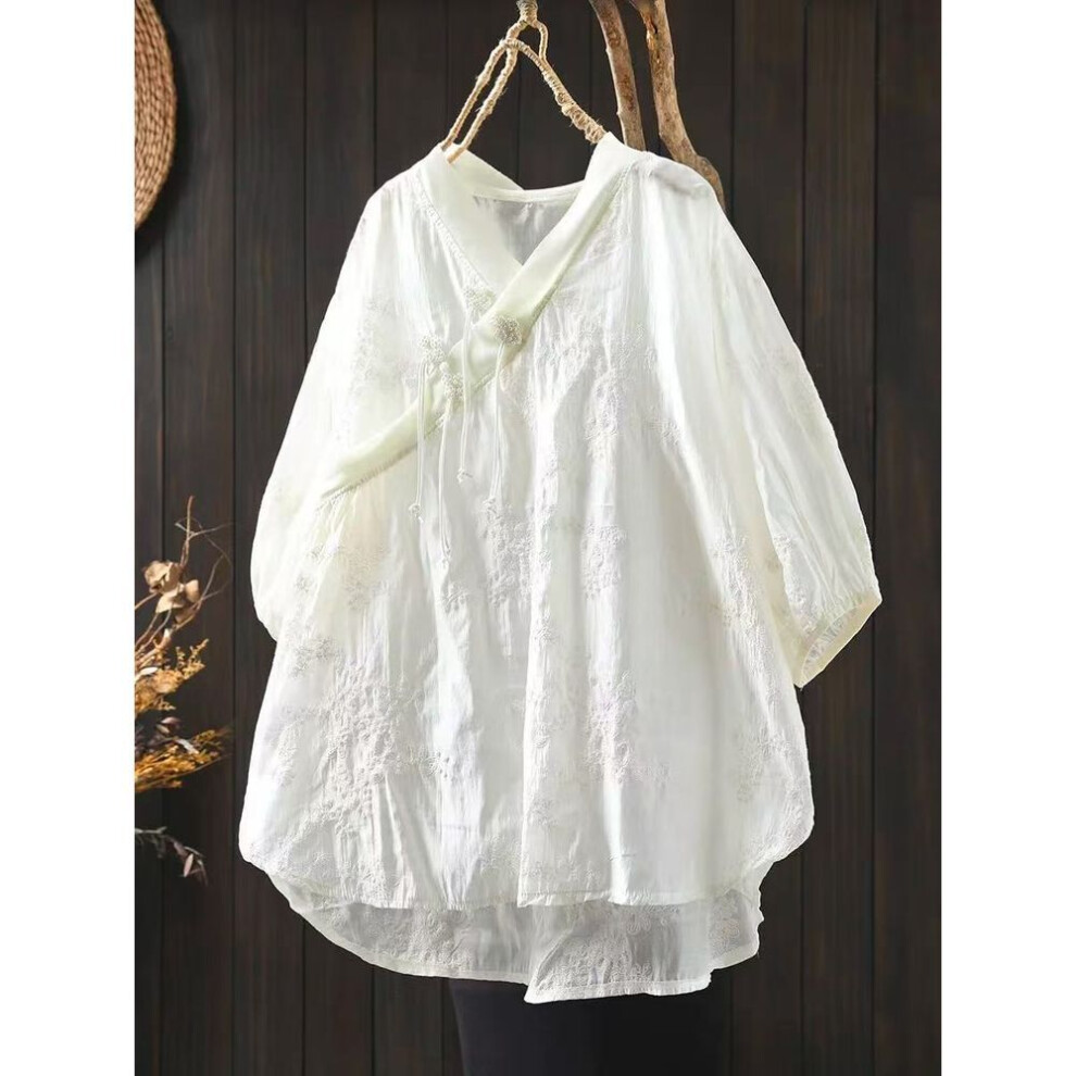 (One Size, white) Johnature Women Chinese Style Shirts Jacquard Vintage Blouses Spring V-neck Long Sleeve Women Soft Tops