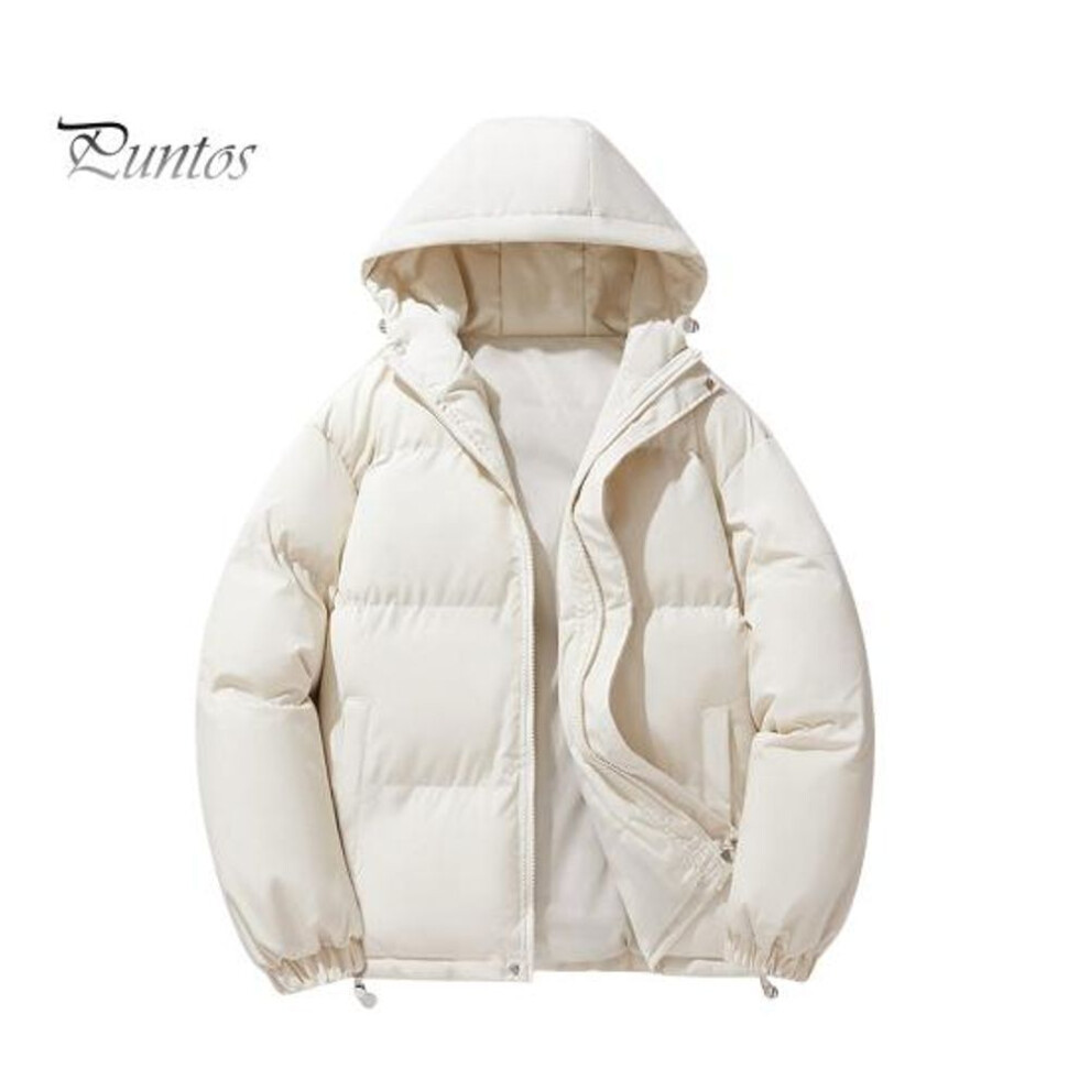 (beige, XL) Men Cotton Coat Hooded Long Sleeve Zipper Placket Winter Quilted Jacket Solid Color Thickened Warm Puffer Coat