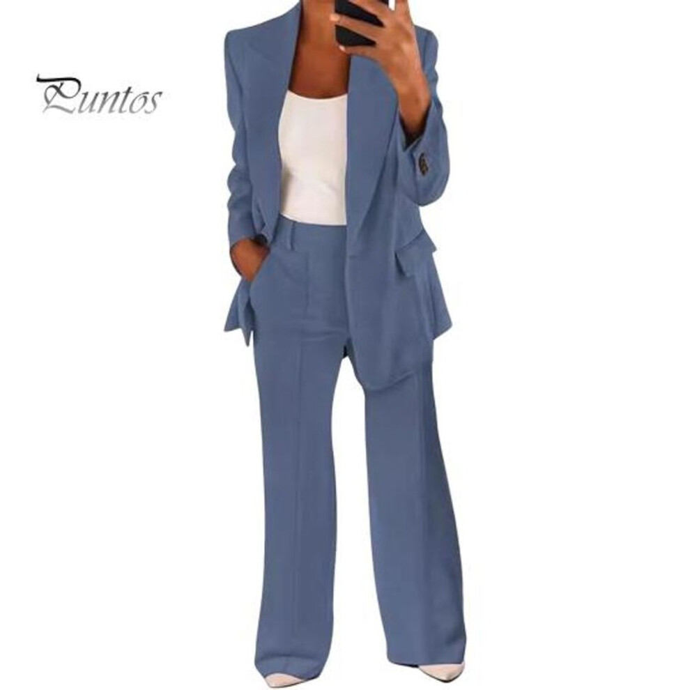 (blue, XL) 2 Pcs/Set Lady Formal Coat Pants Set Long Sleeves Slim Fit Lapel Cardigan Mid Length Jacket High Waist Wide Leg Trousers Formal Business Commuting