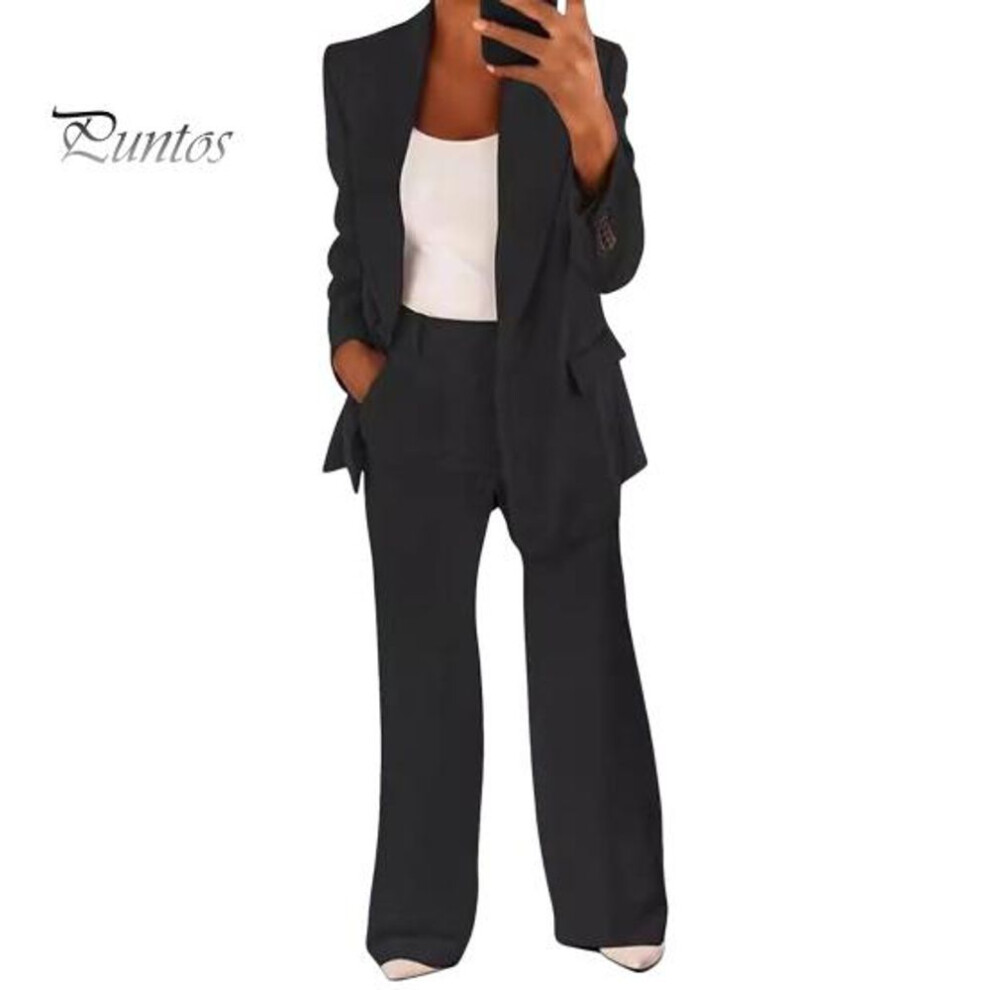 (black, 2XL) 2 Pcs/Set Lady Formal Coat Pants Set Long Sleeves Slim Fit Lapel Cardigan Mid Length Jacket High Waist Wide Leg Trousers Formal Business Commuting