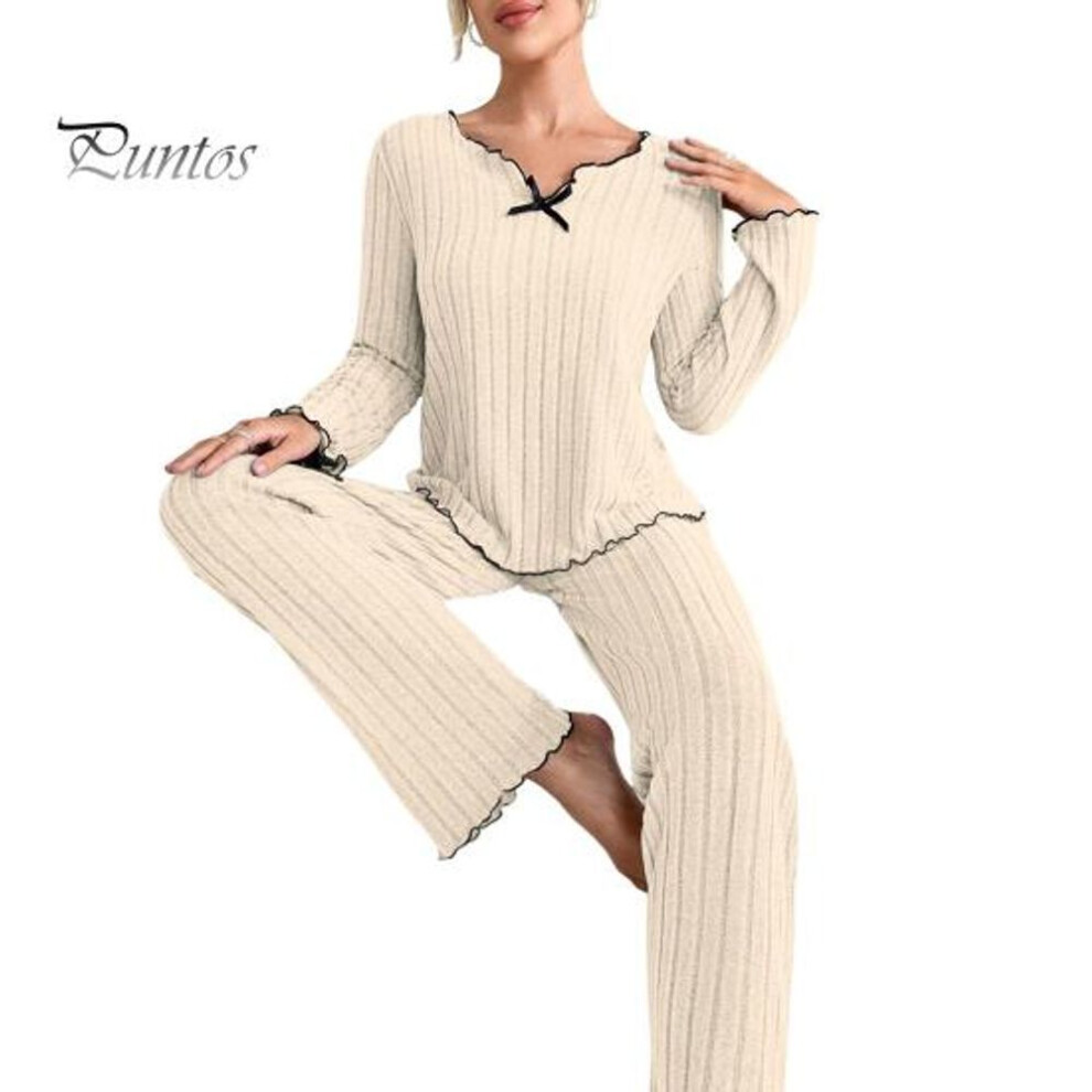 (S, apricot) 2 Pcs/Set Spring Women Top Pants Suit Long Sleeves V Neck Bow Shirring Decor Top Elastic Waist Thread Pants Outfit Homewear Clothes Pajamas Set