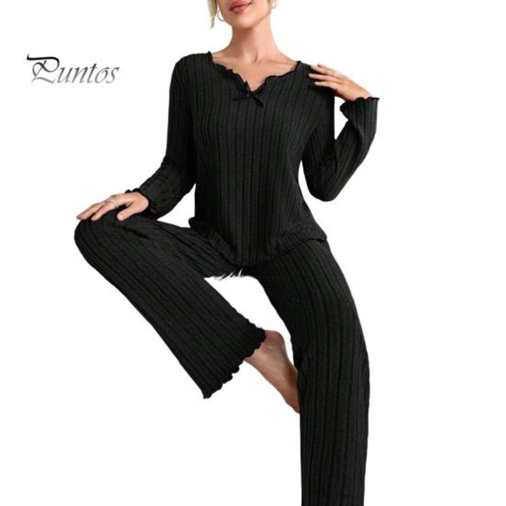 (XL, black) 2 Pcs/Set Spring Women Top Pants Suit Long Sleeves V Neck Bow Shirring Decor Top Elastic Waist Thread Pants Outfit Homewear Clothes Pajamas Set