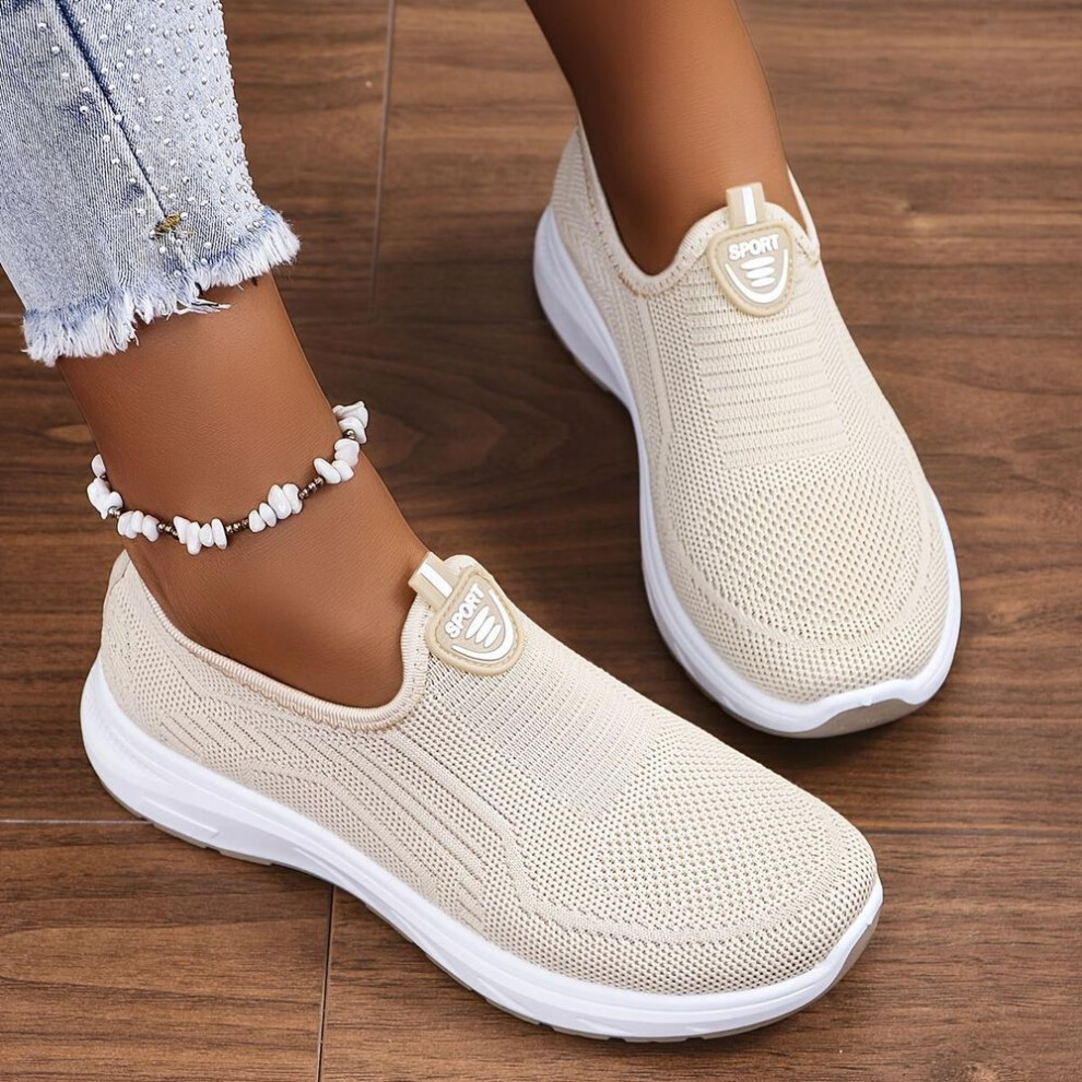 (beige, 40) Women's Solid Color Platform Sneakers, Breathable Knit Slip On Outdoor Shoes, Comfortable Low Top Sport Shoes