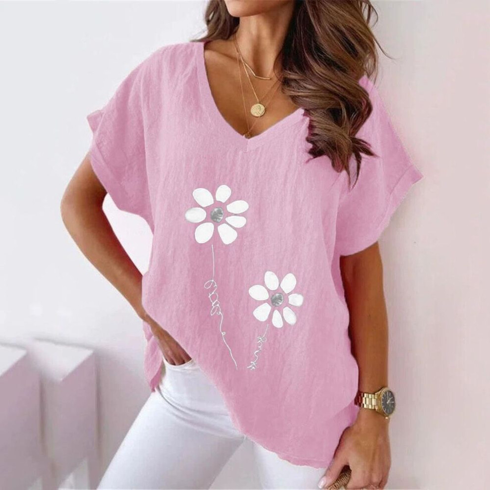 (4XL, pink) Women's Casual V-Neck Cotton Linen T-Shirt with Plant Flower Print - Loose Fit, Short Sleeves, Summer Style
